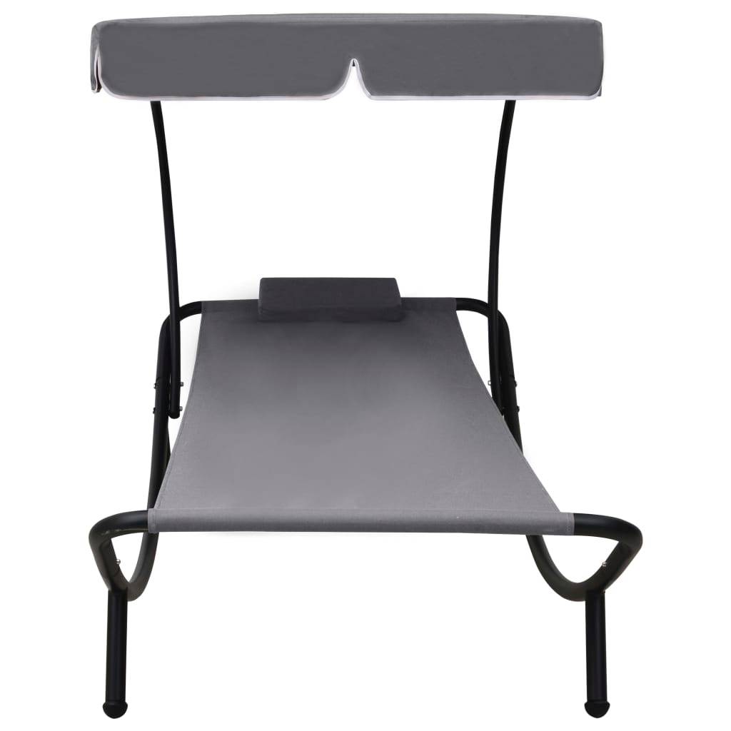 Helloshop26 - Lit de repos transat chaise longue d'extérieur 200 cm avec auvent et oreiller gris - Image 3