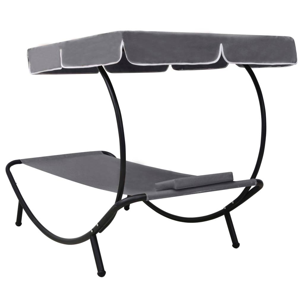 Helloshop26 - Lit de repos transat chaise longue d'extérieur 200 cm avec auvent et oreiller gris - Image 4