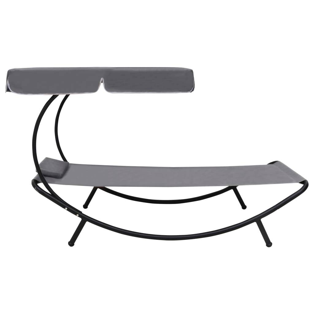 Helloshop26 - Lit de repos transat chaise longue d'extérieur 200 cm avec auvent et oreiller gris - Image 2