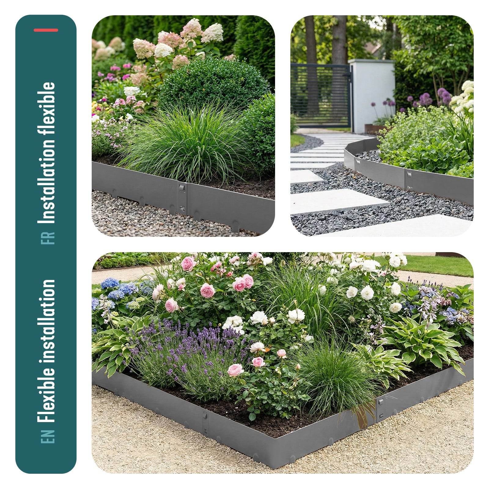 Lot de 10 Bordure de jardin en métal galvanisé 106x18cm gris - épaisseur 1.5mm - clôture flexible et résistante 10M - VOUNOT® - Image 6