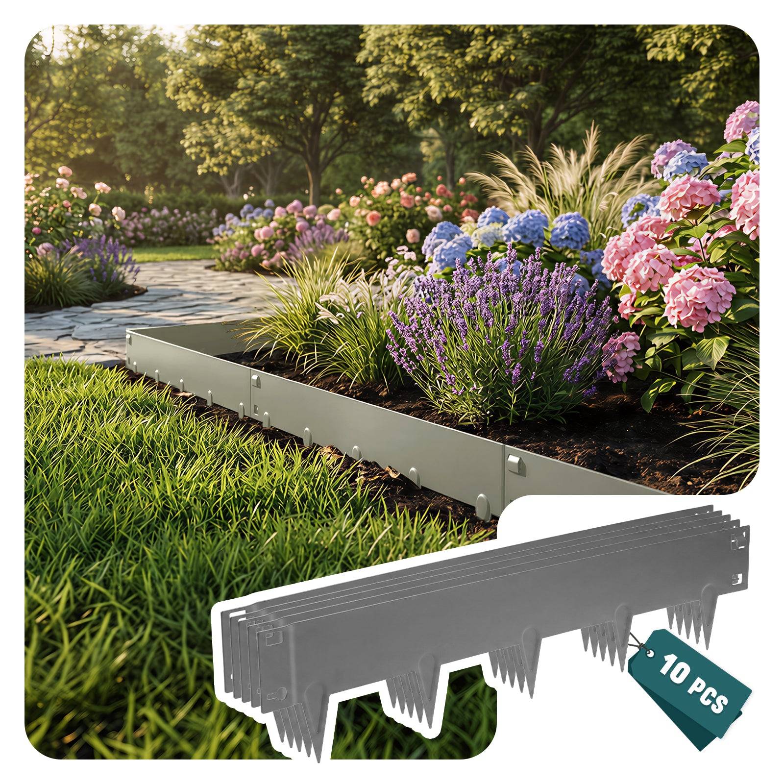 Lot de 10 Bordure de jardin en métal galvanisé 106x18cm gris - épaisseur 1.5mm - clôture flexible et résistante 10M - VOUNOT® - Image 1