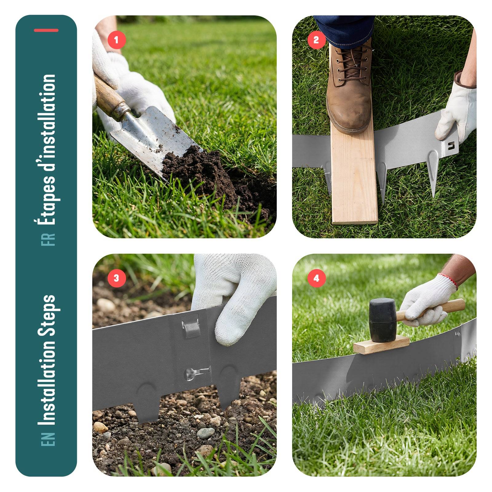 Lot de 10 Bordure de jardin en métal galvanisé 106x18cm gris - épaisseur 1.5mm - clôture flexible et résistante 10M - VOUNOT® - Image 7