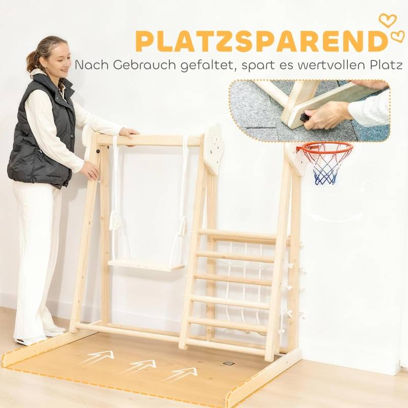 Structure d’escalade intérieure 5-en-1 avec toboggan, balançoire, filet d’escalade, panier de basket, pliable, 3-6 ans, bois naturel - Image 8