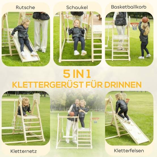 Structure d’escalade intérieure 5-en-1 avec toboggan, balançoire, filet d’escalade, panier de basket, pliable, 3-6 ans, bois naturel - Image 4