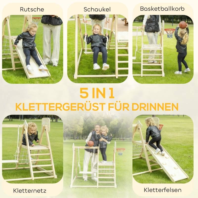 Structure d’escalade intérieure 5-en-1 avec toboggan, balançoire, filet d’escalade, panier de basket, pliable, 3-6 ans, bois naturel - Image 4