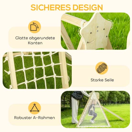 Structure d’escalade intérieure 5-en-1 avec toboggan, balançoire, filet d’escalade, panier de basket, pliable, 3-6 ans, bois naturel - Image 6