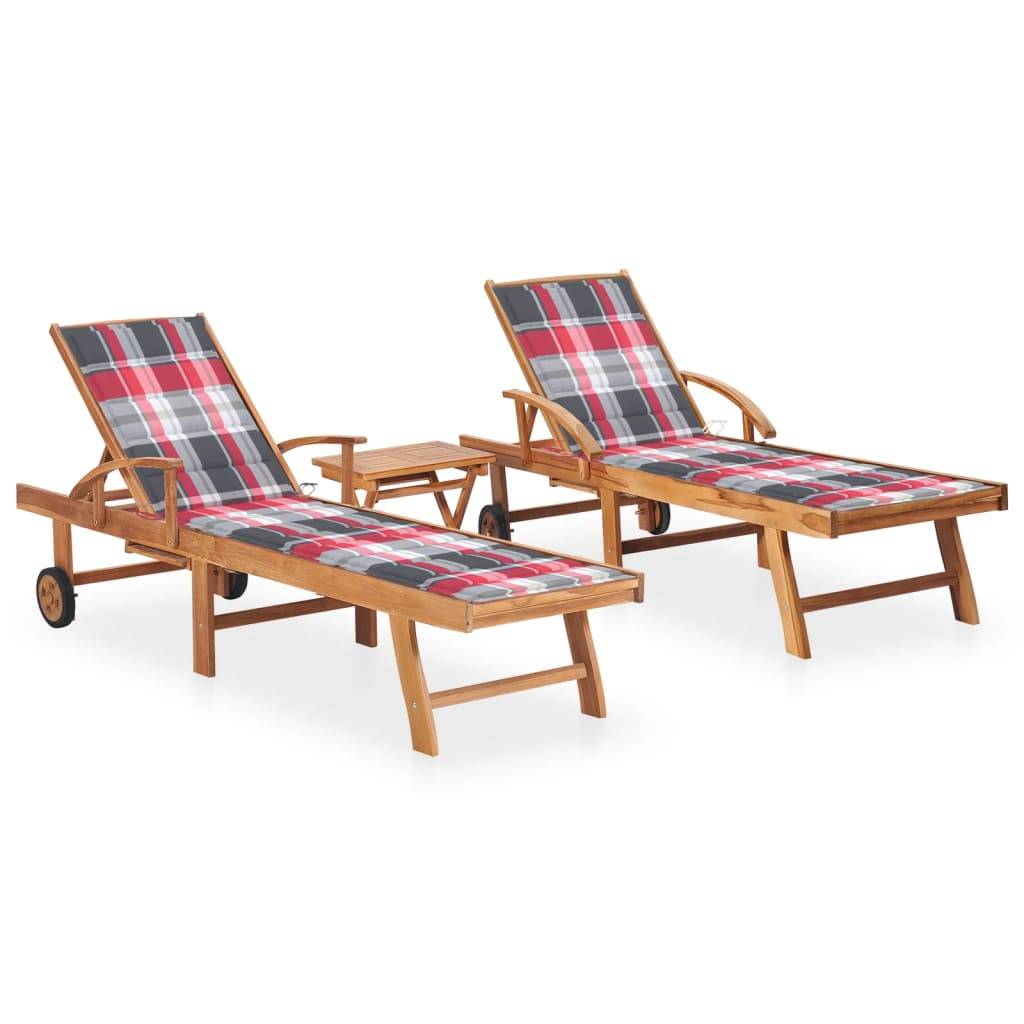 Duo Lits Jardin Teck Table Latérale Coussins Carreaux Rouges – ComfortXL Outdoor Living - Image 1