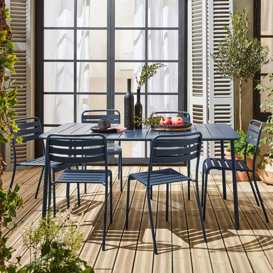 sweeek - Table de jardin métal + 6 assises bleu marine Amélia | sweeek - Image 1