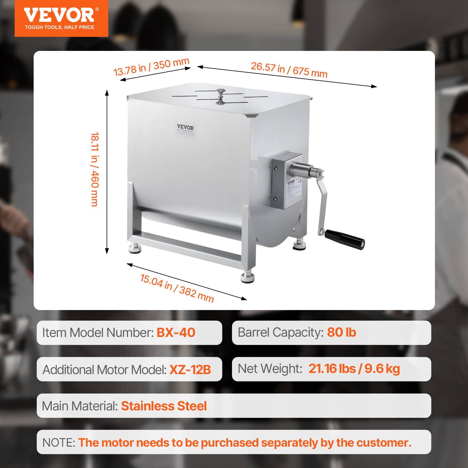 VEVOR Mélangeur viande manuel, 80L fixe, acier inox, réducteur vitesse, saucisse, bœuf. - Image 7