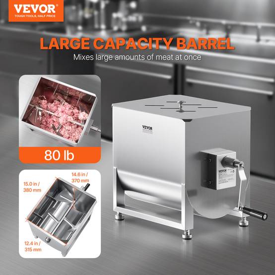VEVOR Mélangeur viande manuel, 80L fixe, acier inox, réducteur vitesse, saucisse, bœuf. - Image 2