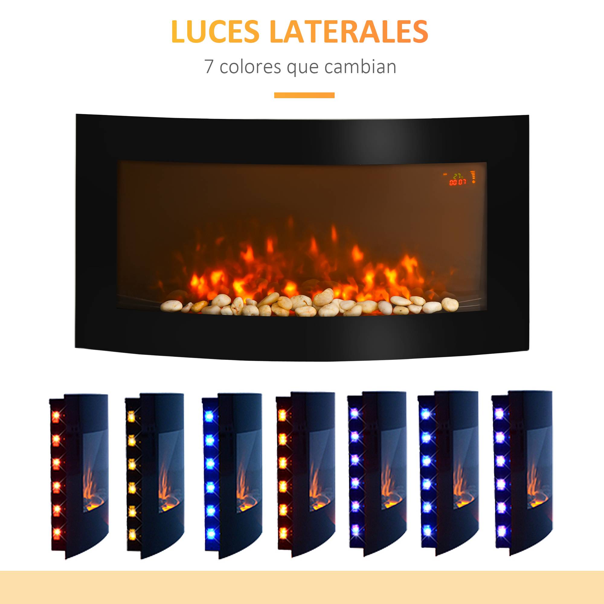 Cheminée électrique murale 1000W/2000W température réglable, effet de flammes et télécommande 89,2x13,5x48 cm noir - Image 9