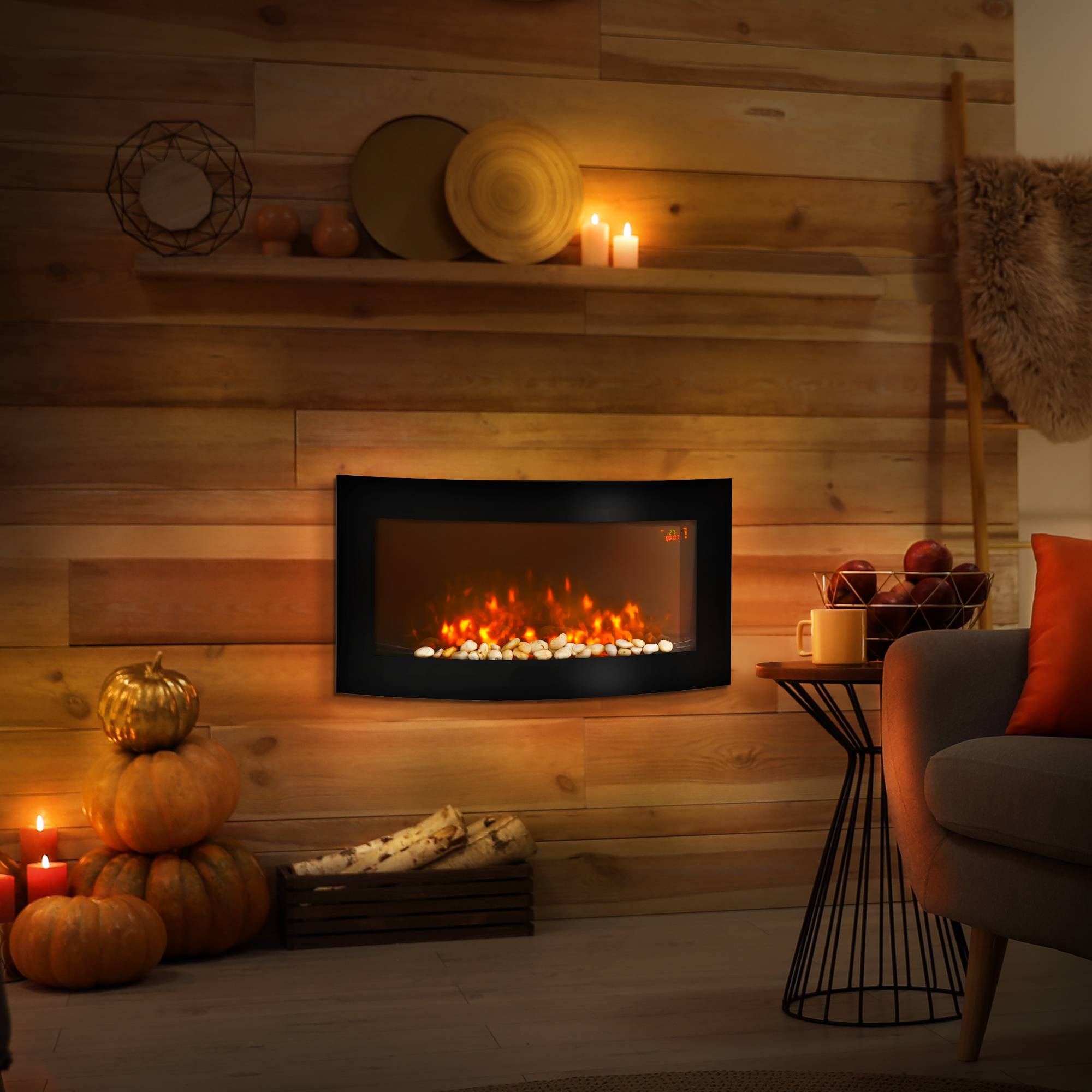 Cheminée électrique murale 1000W/2000W température réglable, effet de flammes et télécommande 89,2x13,5x48 cm noir - Image 4