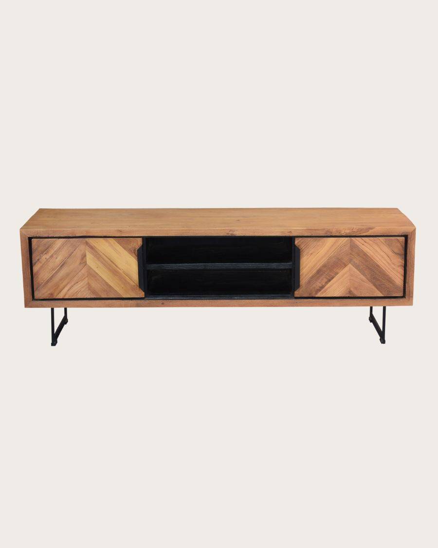 Kappa - Meuble  industriel en teck recyclé avec motif chevron et métal 160 cm - UNIQKA - Image 1