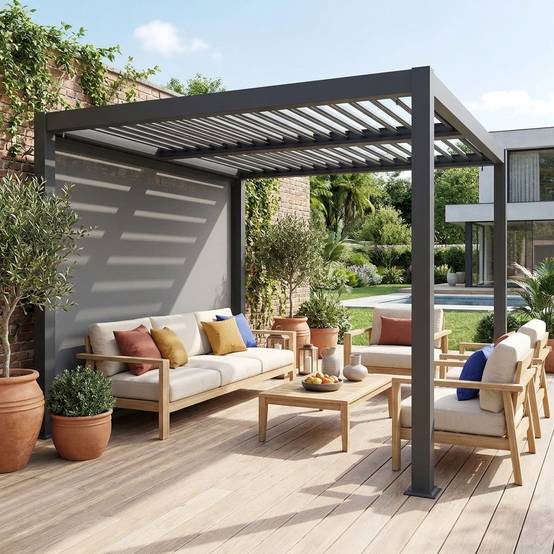 Pergola bioclimatique aluminium et acier 3x3m lames orientables + store 3m PALACE anthracite | sweeek - Image 1