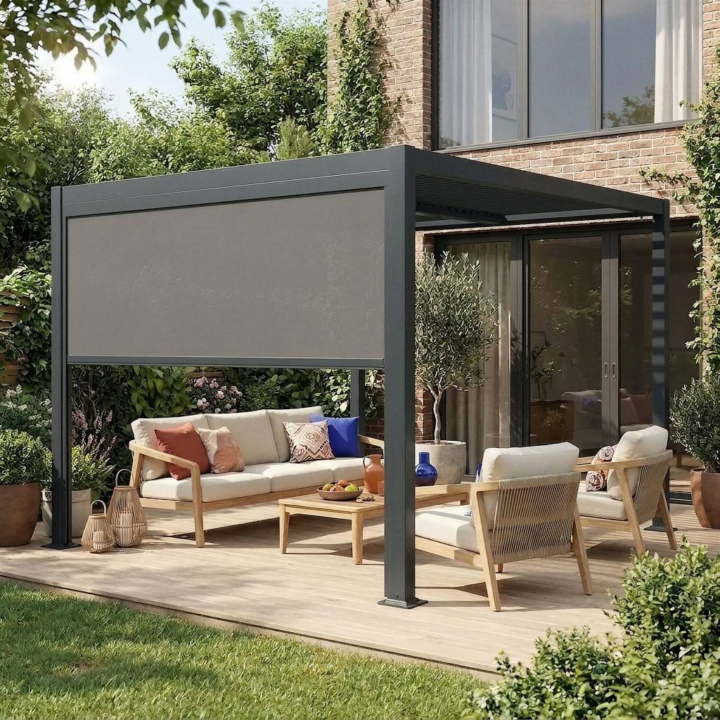 sweeek - Pergola bioclimatique aluminium et acier 3x3m lames orientables + store 3m PALACE anthracite | sweeek - Image 1