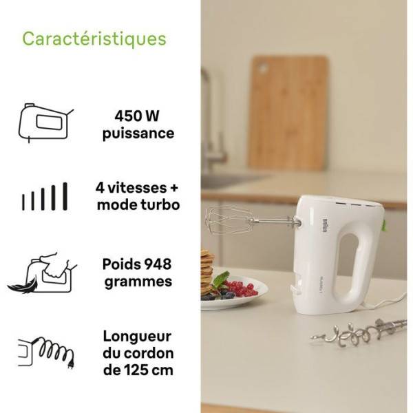 Braun - Batteur Fouet Electrique éléctrique - BRAUN - HM1100WH MultiMix 1 - 450 W - 4 vitesses + turbo - Blanc - Image 3