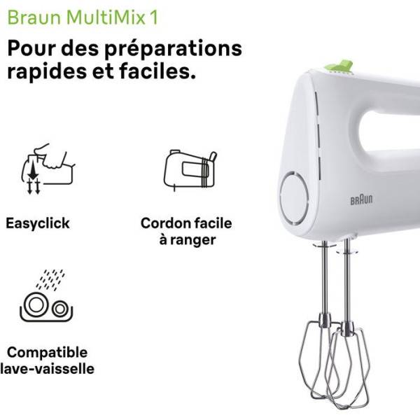 Braun - Batteur Fouet Electrique éléctrique - BRAUN - HM1100WH MultiMix 1 - 450 W - 4 vitesses + turbo - Blanc - Image 2
