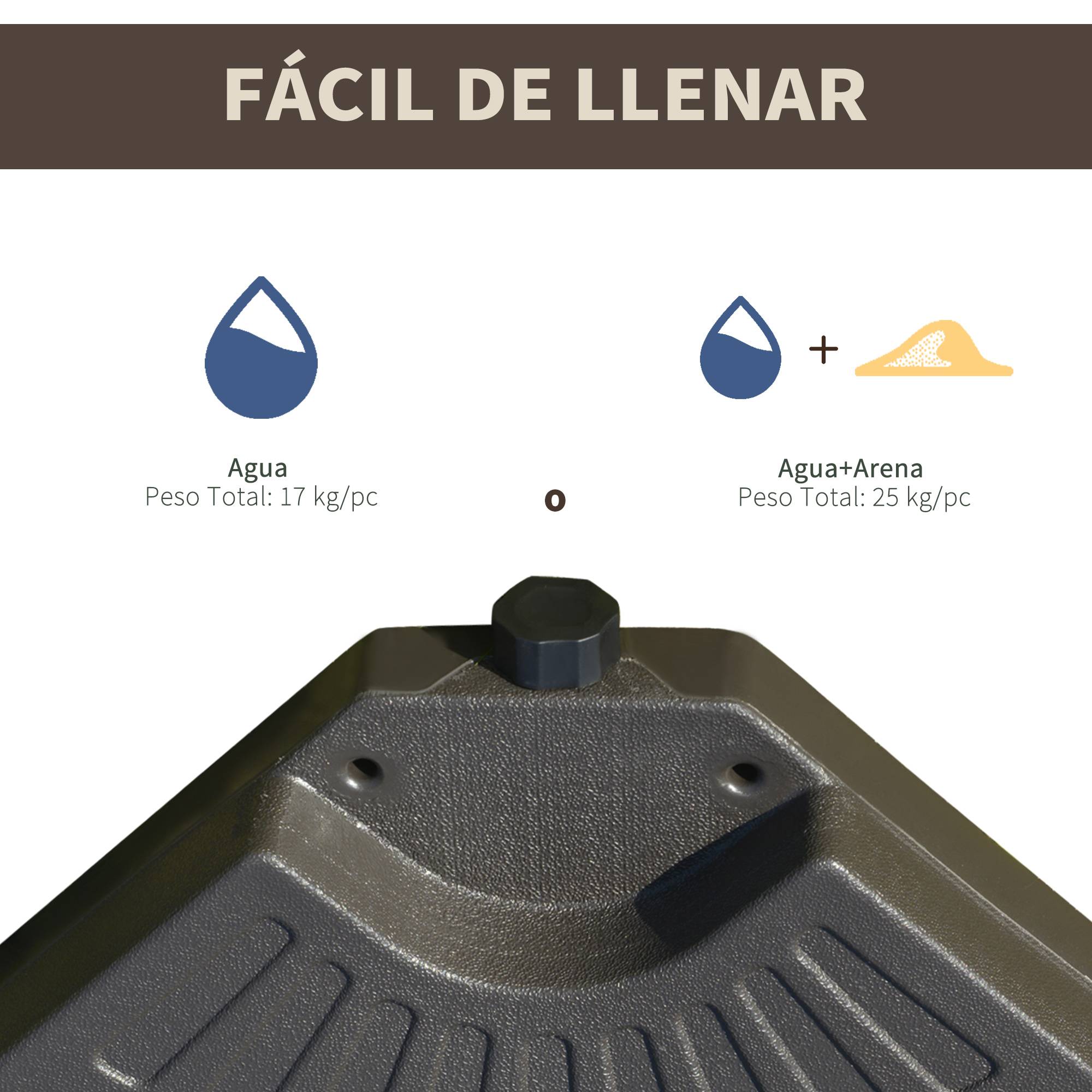 Base parasol en 4 parties, remplissable sable et eau, demontable, jardin patio exterieur 100x100x10,5 cm marron - Image 8