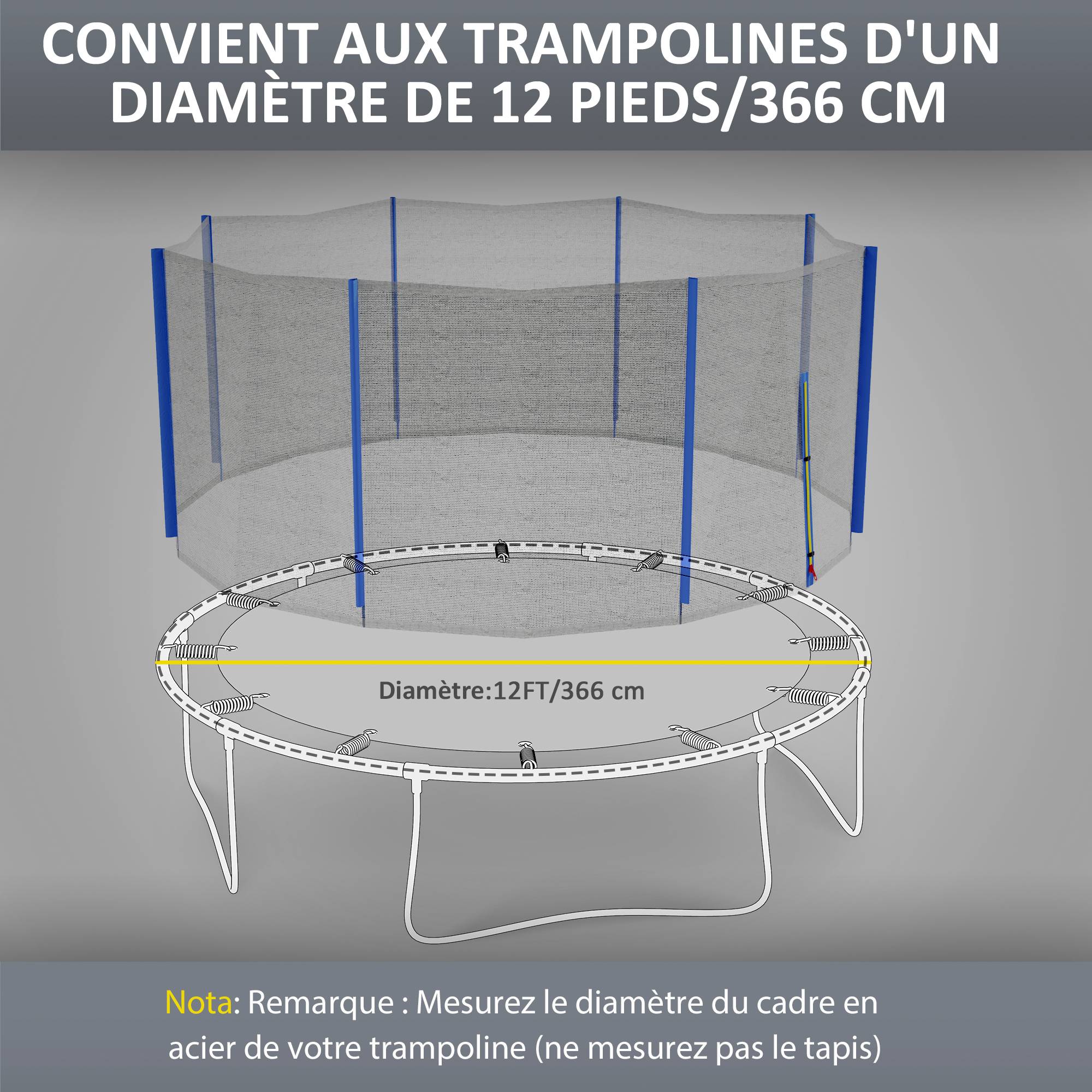 Sportnow - Filet de sécurité trampoline porte zipée Ø 366 cm 8 poteaux bleu noir - SPORTNOW - Image 3