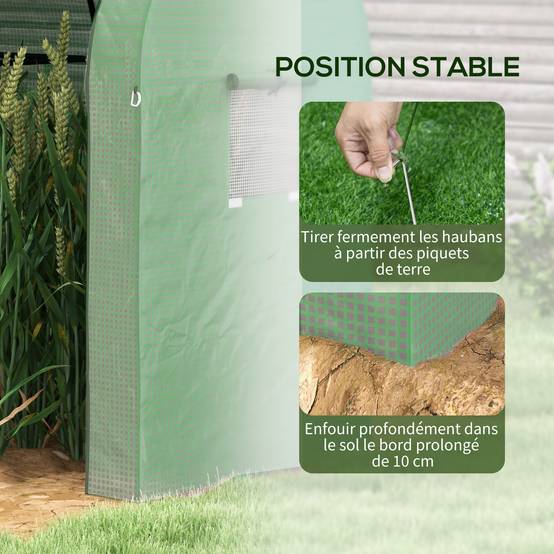 Serre de jardin 1,8 m² dim. 1,85L x 0,9l x 1,5H m 2 Portes zippées déroulantes 4 fenêtres enroulables Acier PE Vert - Image 9