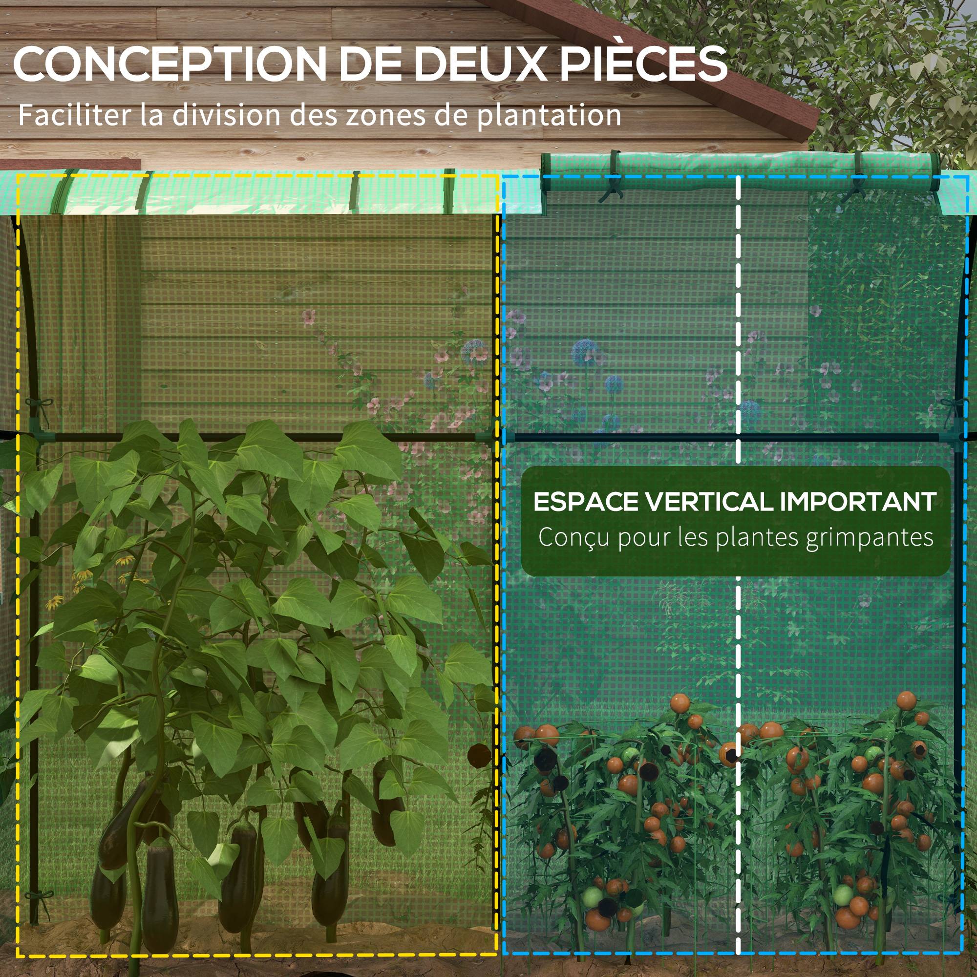 Serre de jardin 1,8 m² dim. 1,85L x 0,9l x 1,5H m 2 Portes zippées déroulantes 4 fenêtres enroulables Acier PE Vert - Image 6