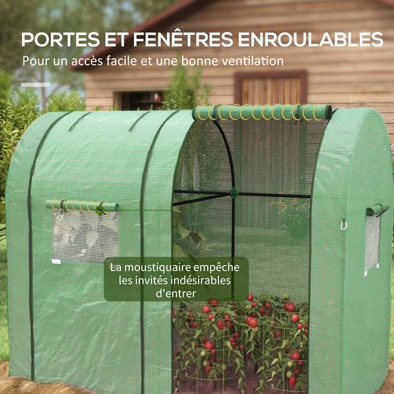 Serre de jardin 1,8 m² dim. 1,85L x 0,9l x 1,5H m 2 Portes zippées déroulantes 4 fenêtres enroulables Acier PE Vert - Image 8