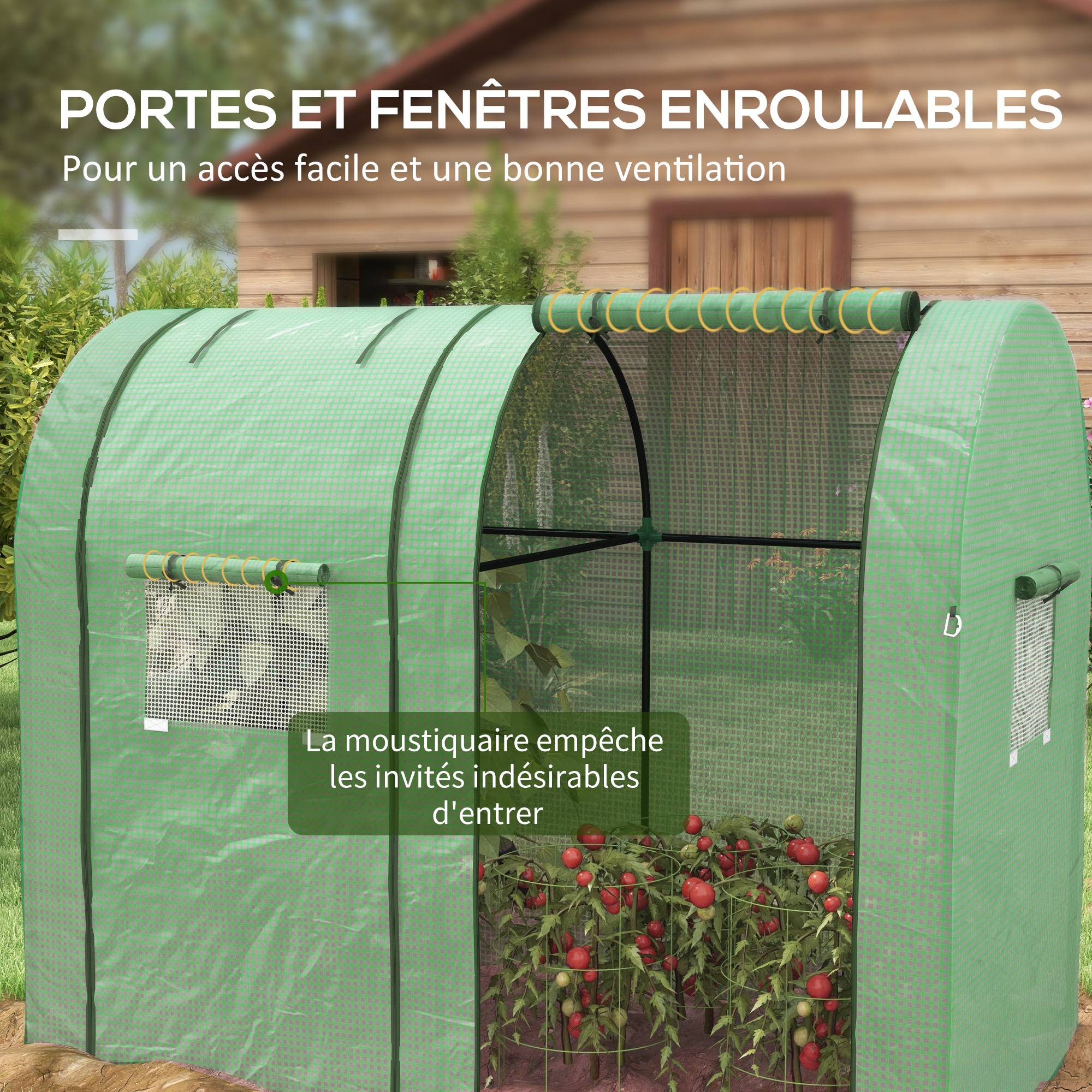 Serre de jardin 1,8 m² dim. 1,85L x 0,9l x 1,5H m 2 Portes zippées déroulantes 4 fenêtres enroulables Acier PE Vert - Image 8