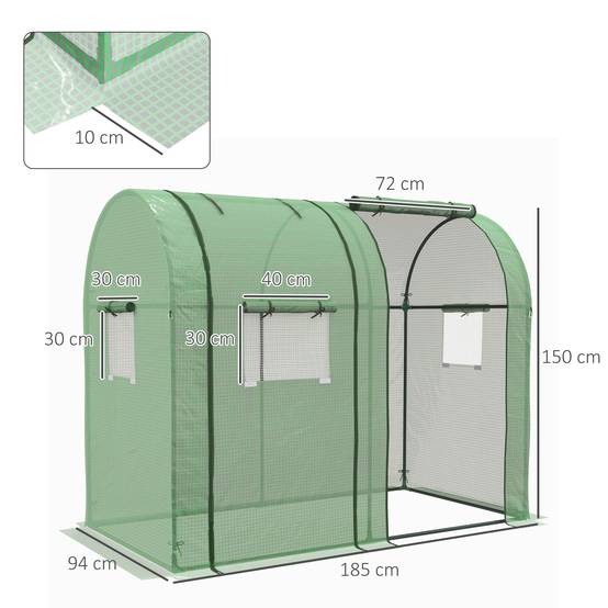 Serre de jardin 1,8 m² dim. 1,85L x 0,9l x 1,5H m 2 Portes zippées déroulantes 4 fenêtres enroulables Acier PE Vert - Image 5
