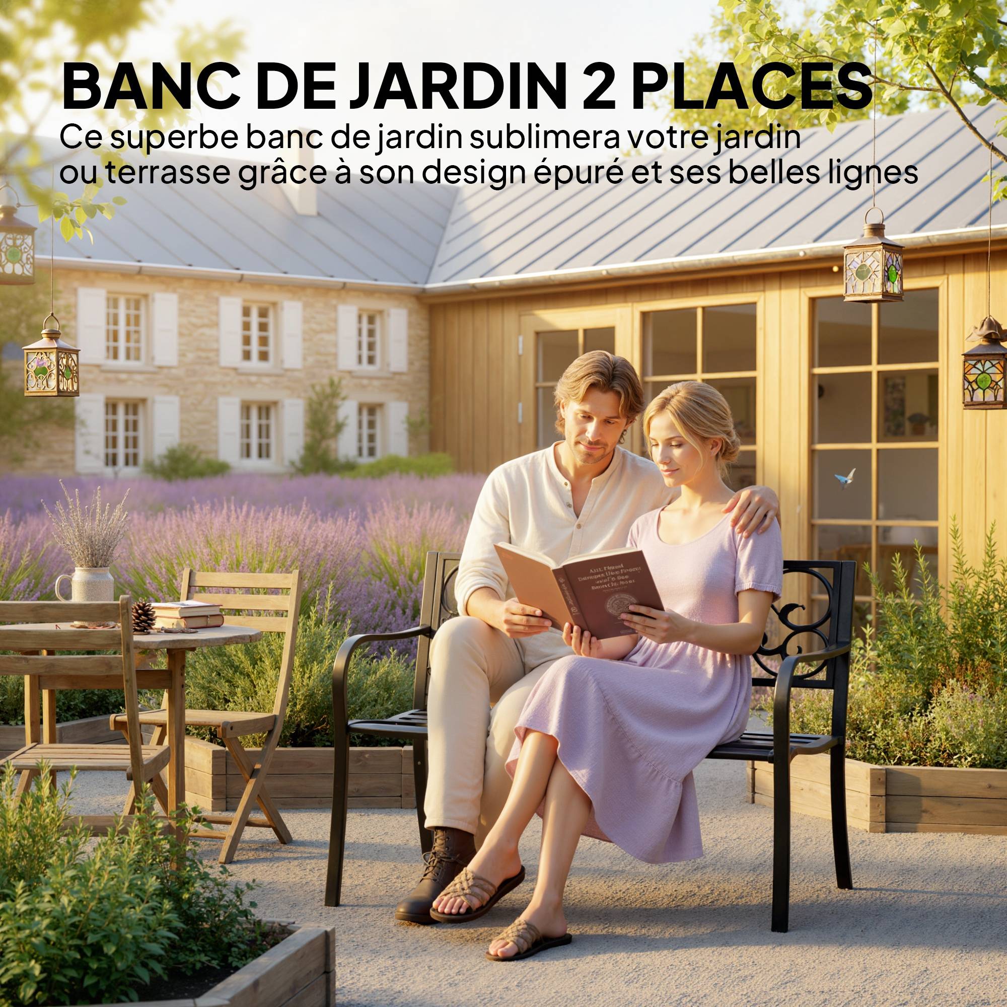 Banc de jardin 3 places terrasse Style Cosy Chic 127L x 60l x 85H cm métal époxy anticorrosion Noir - Image 6