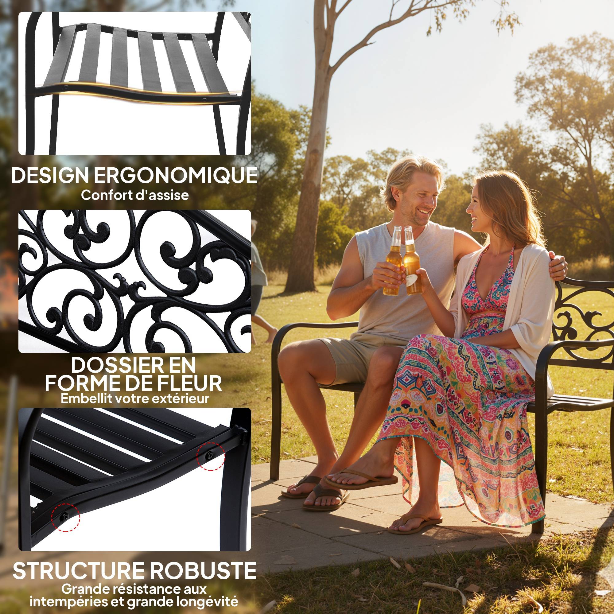 Banc de jardin 3 places terrasse Style Cosy Chic 127L x 60l x 85H cm métal époxy anticorrosion Noir - Image 7