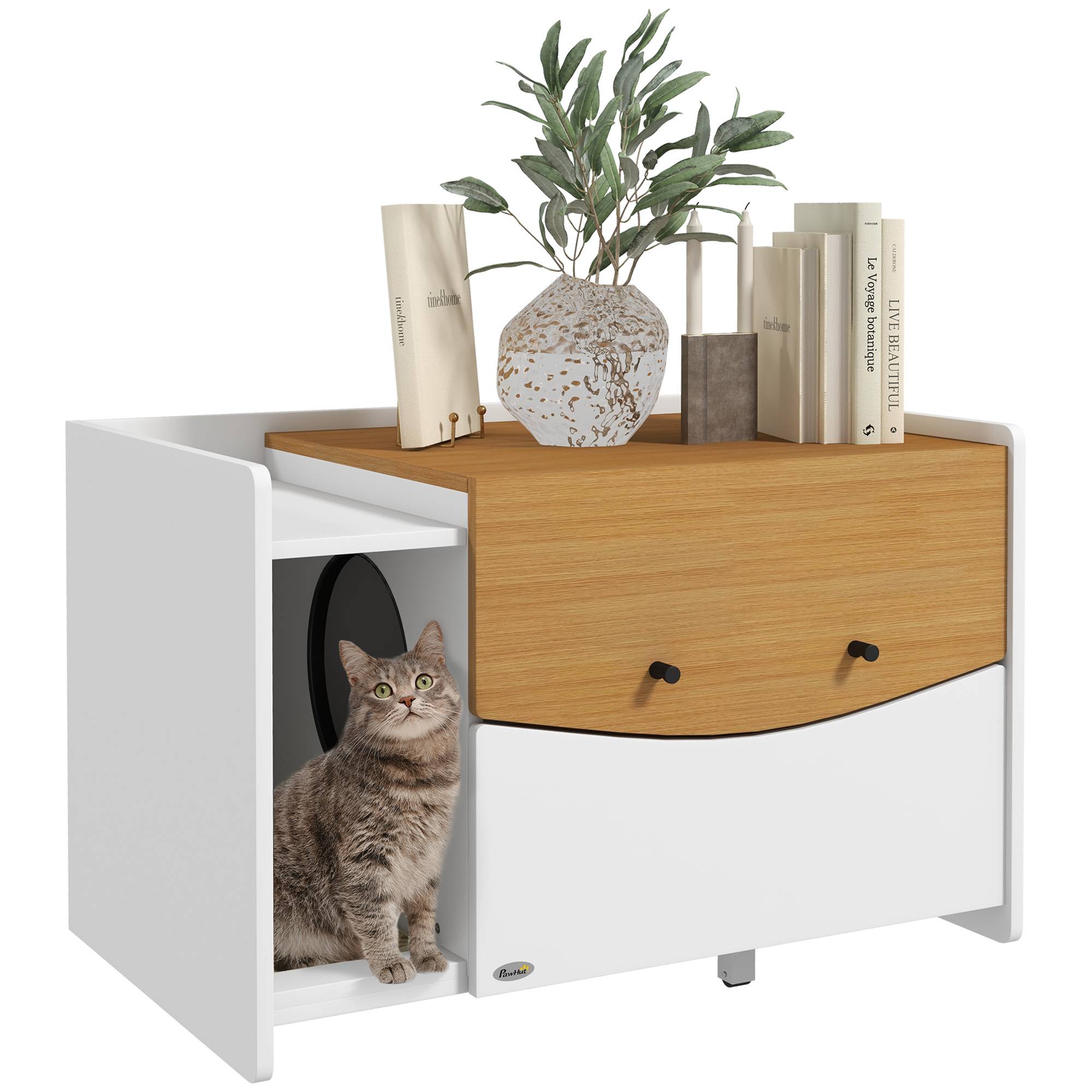 Bac à litière extensible pour chat, design meuble, compartiment à litière, 78 x 50 x 51 cm, chêne/blanc - Image 1