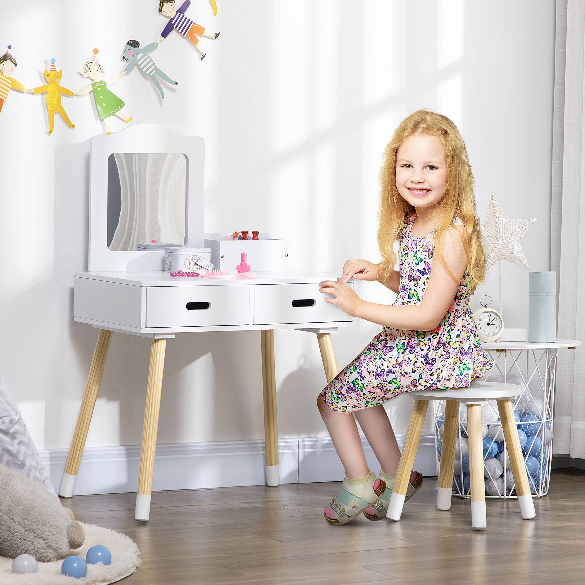 Sans Marque - Coiffeuse en bois pour enfants avec tabouret et miroir, centre de beauté avec 2 tiroirs pour les 3-6 ans, 60 x 40 x 95 cm, blanche - Image 3