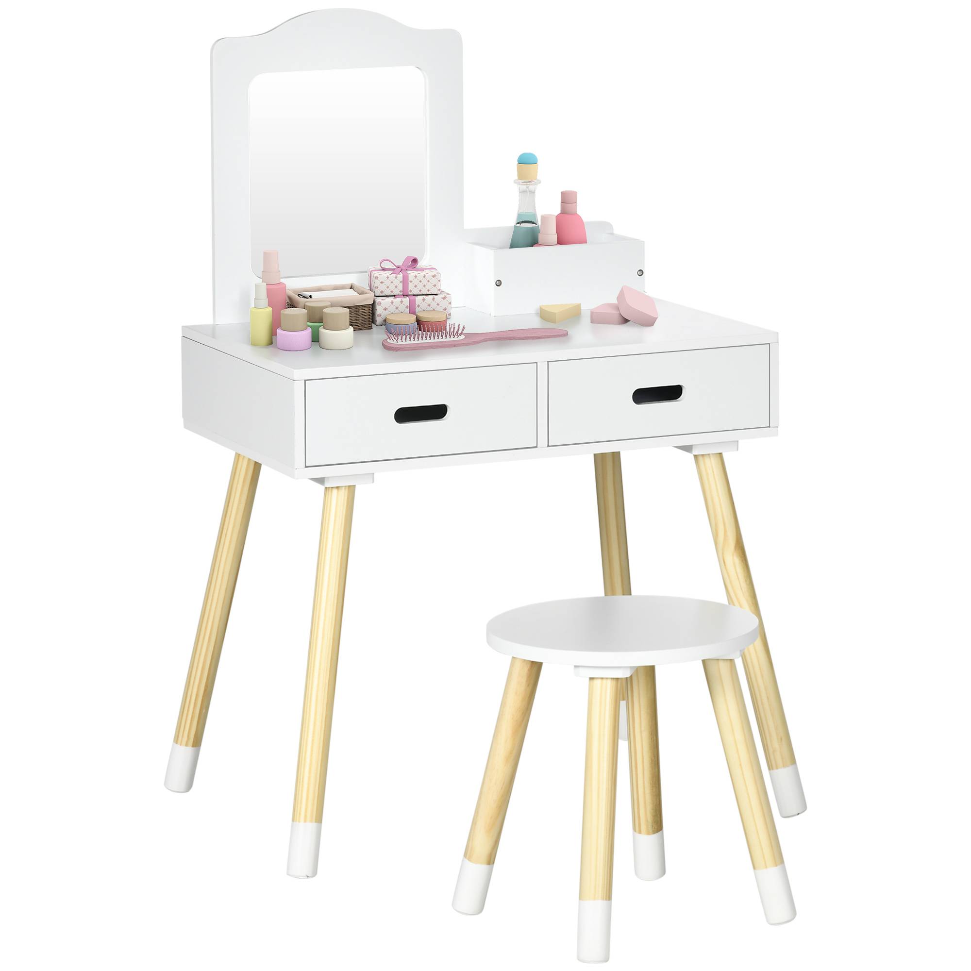 Sans Marque - Coiffeuse en bois pour enfants avec tabouret et miroir, centre de beauté avec 2 tiroirs pour les 3-6 ans, 60 x 40 x 95 cm, blanche - Image 1