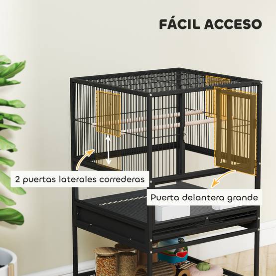 Cage pour oiseaux avec panneaux acryliques, support et étagère inférieure, 48 x 46 x 83 cm, noire - Image 8
