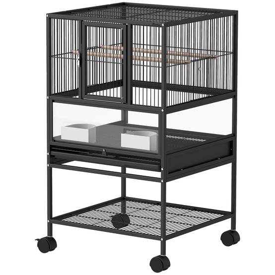 Cage pour oiseaux avec panneaux acryliques, support et étagère inférieure, 48 x 46 x 83 cm, noire - Image 2
