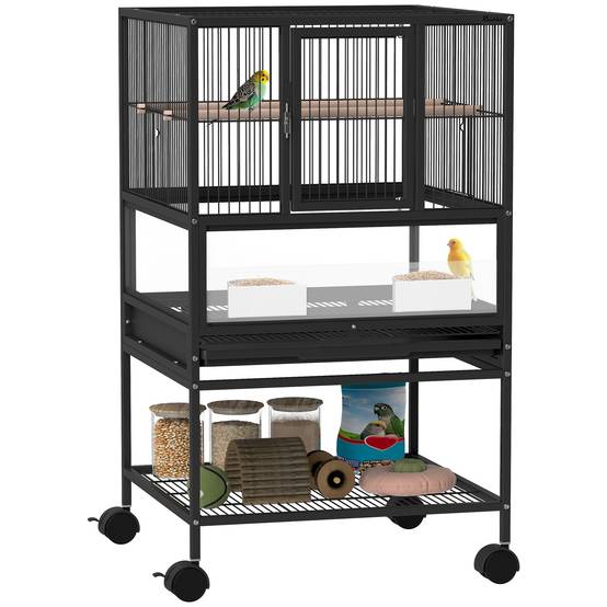 Cage pour oiseaux avec panneaux acryliques, support et étagère inférieure, 48 x 46 x 83 cm, noire - Image 1