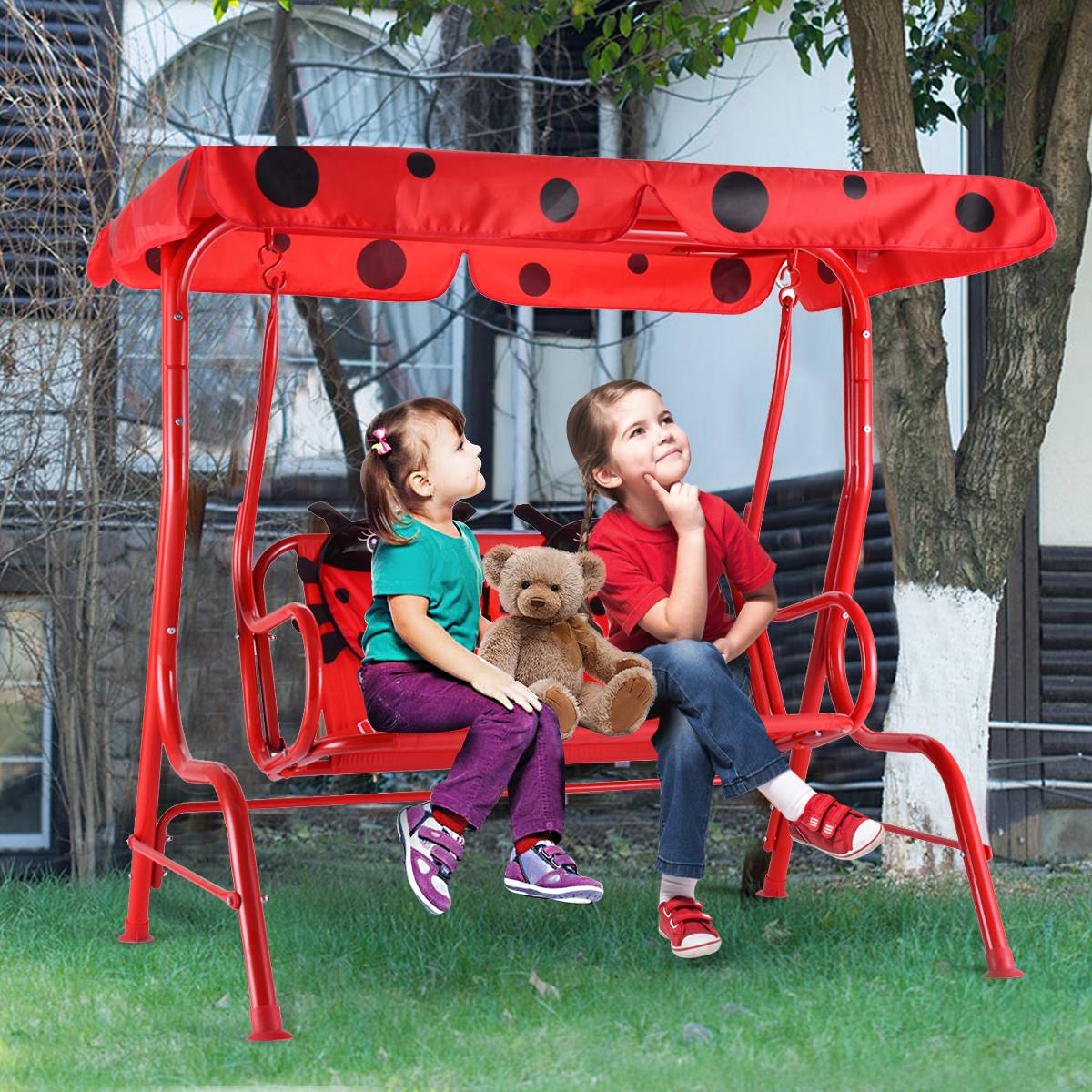 Balancelle de Jardin pour Enfants 2 Places Toit Anti-UV Balançoire Jardin pour Enfants Chaise à Bascule pour Enfants Rouge - Image 1