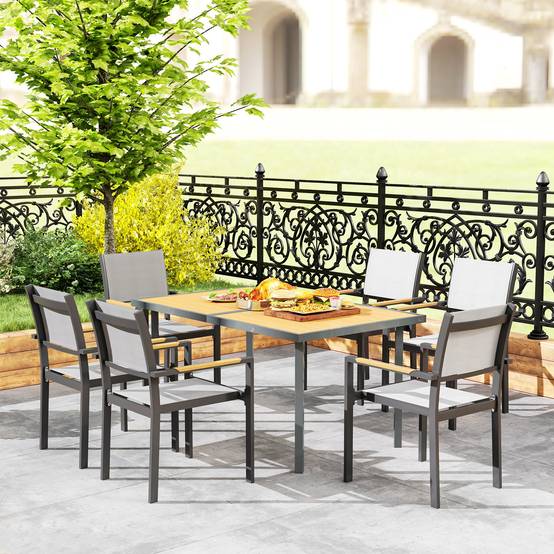 Table à manger de jardin pour 6 personnes table de jardin avec plateau effet bois en acier 150 x 90 x 72 cm bois naturel - Image 8