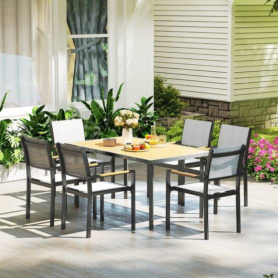 Table à manger de jardin pour 6 personnes table de jardin avec plateau effet bois en acier 150 x 90 x 72 cm bois naturel - Image 9