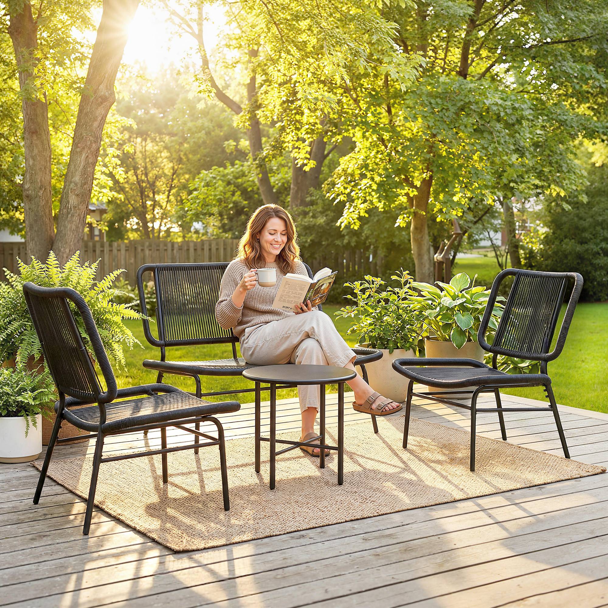 Sans Marque - Ensemble mobilier jardin rotin 4 pièces canapé extérieur table basse métal noir - Image 3