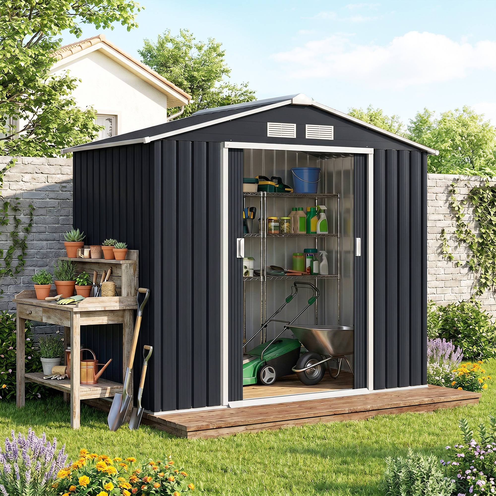Abri de jardin 213x130x185 cm remise métallique extérieure outils gris foncé - Image 4