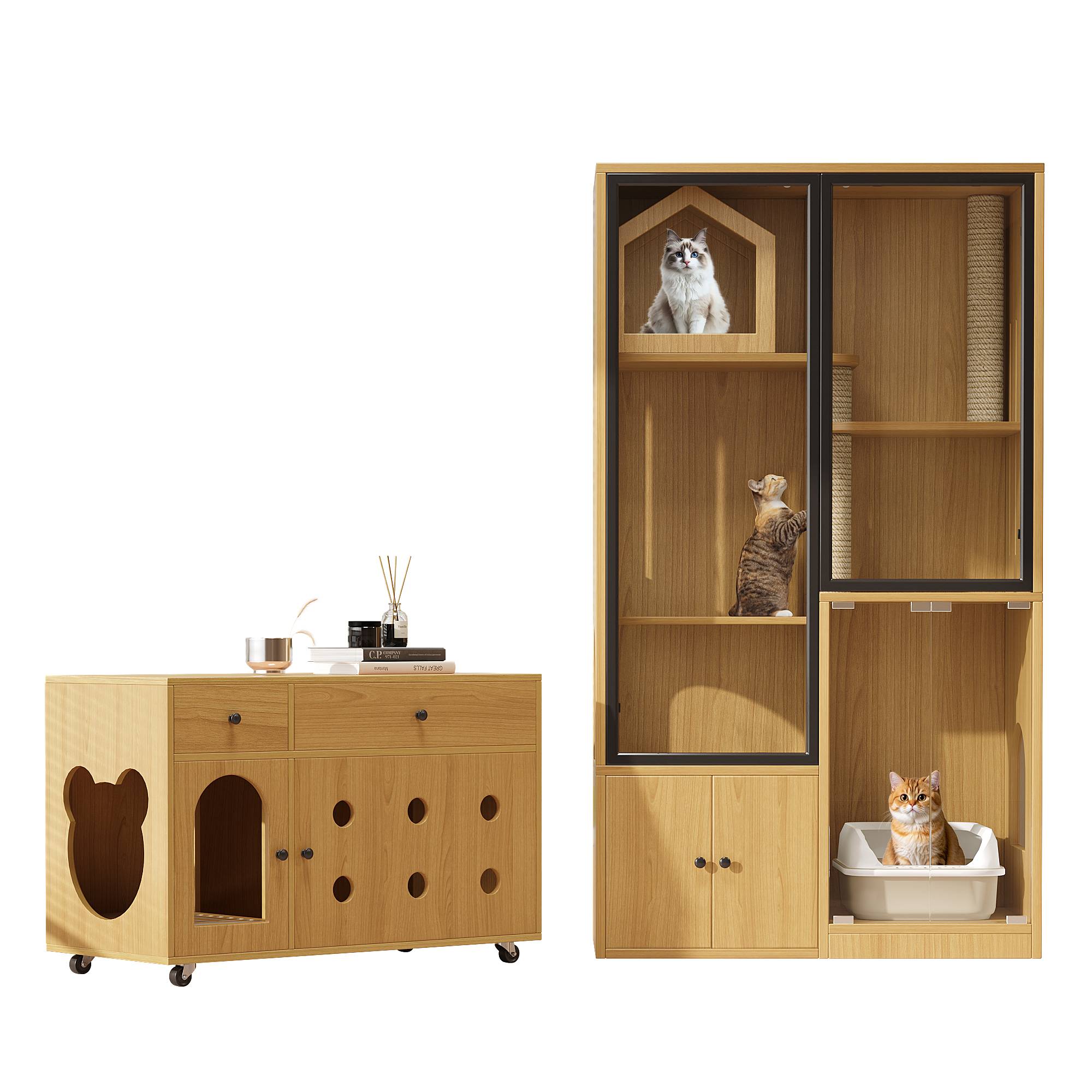 Enclos pour chats en verre et bois, avec rangement pour litière, couleur érable, 90 x 50 x 160 cm - PANGIVO - Image 1