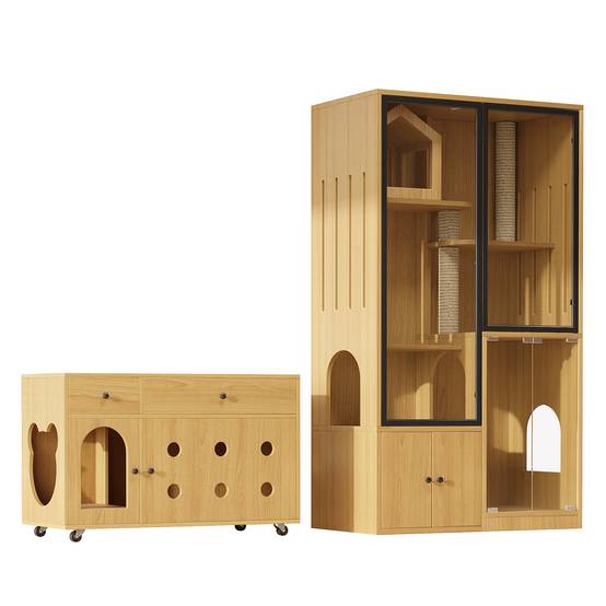 Enclos pour chats en verre et bois, avec rangement pour litière, couleur érable, 90 x 50 x 160 cm - PANGIVO - Image 2