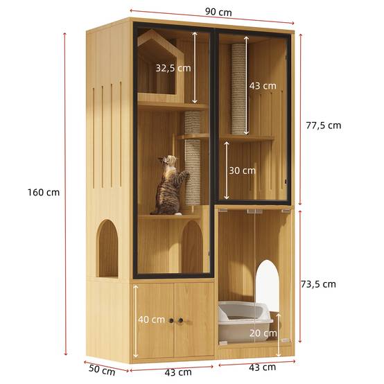 Enclos pour chats en verre et bois, avec rangement pour litière, couleur érable, 90 x 50 x 160 cm - PANGIVO - Image 9