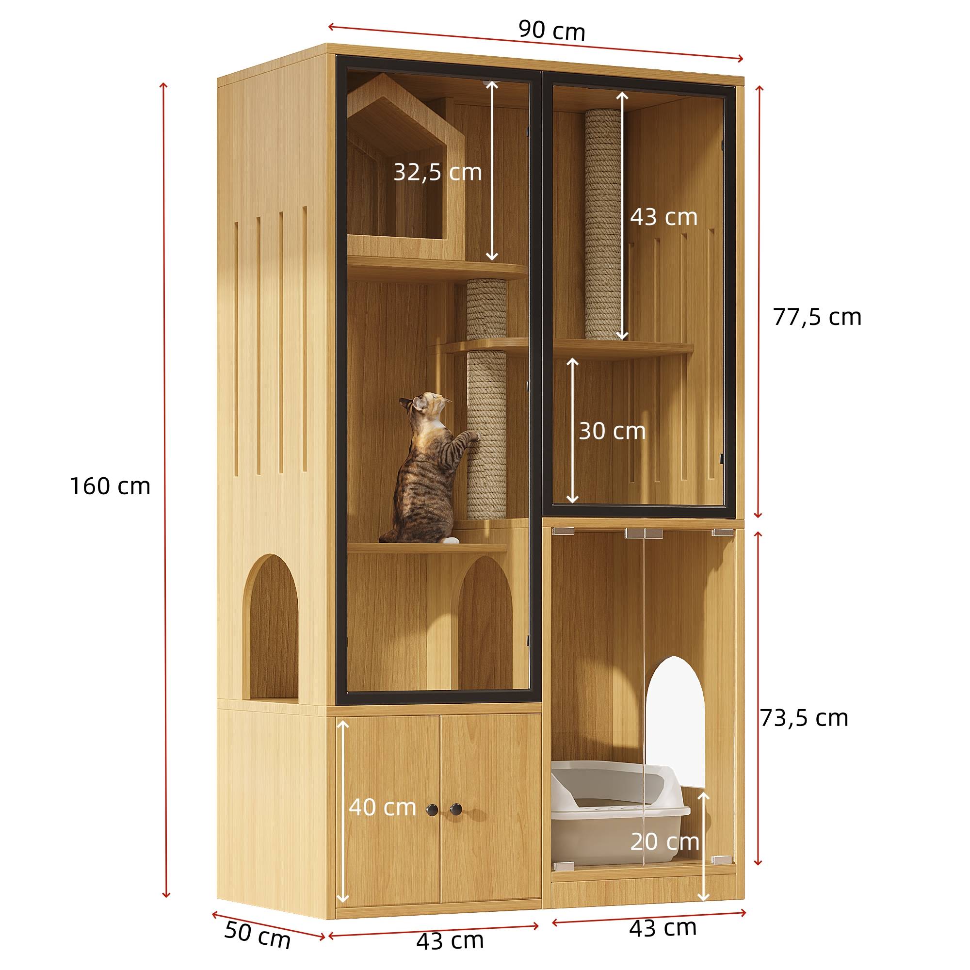 Enclos pour chats en verre et bois, avec rangement pour litière, couleur érable, 90 x 50 x 160 cm - PANGIVO - Image 9