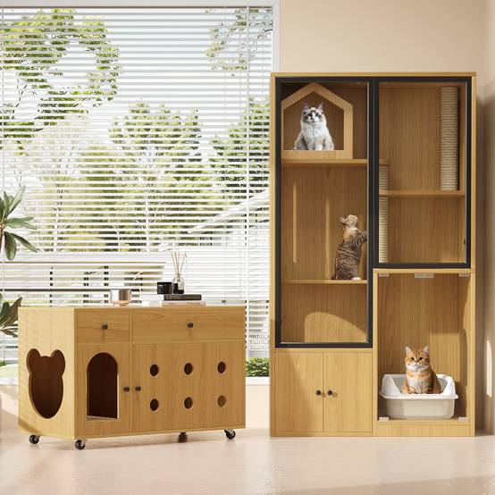 Enclos pour chats en verre et bois, avec rangement pour litière, couleur érable, 90 x 50 x 160 cm - PANGIVO - Image 4