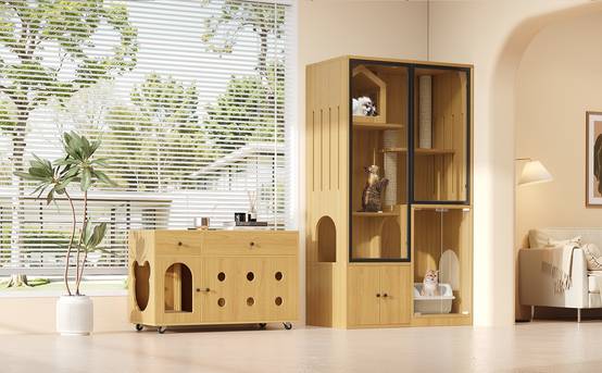 Enclos pour chats en verre et bois, avec rangement pour litière, couleur érable, 90 x 50 x 160 cm - PANGIVO - Image 8