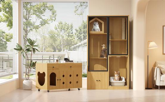 Enclos pour chats en verre et bois, avec rangement pour litière, couleur érable, 90 x 50 x 160 cm - PANGIVO - Image 7