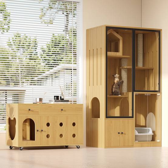 Enclos pour chats en verre et bois, avec rangement pour litière, couleur érable, 90 x 50 x 160 cm - PANGIVO - Image 6