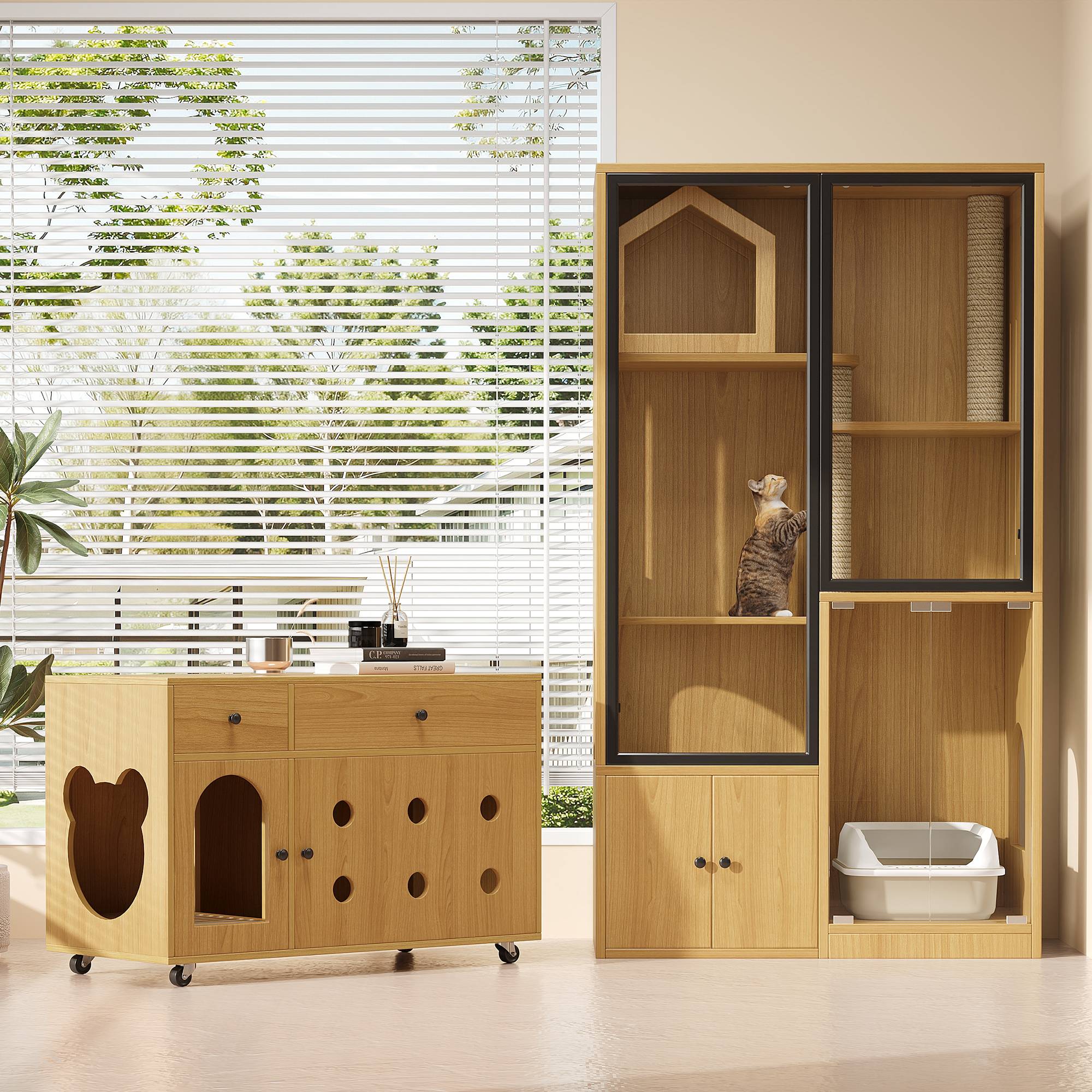 Enclos pour chats en verre et bois, avec rangement pour litière, couleur érable, 90 x 50 x 160 cm - PANGIVO - Image 5